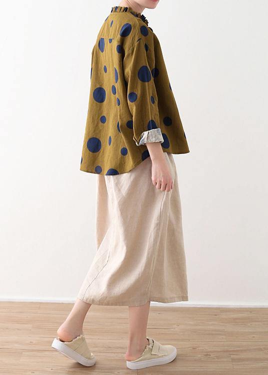 Spring Yellow Literature and Art Linen Ruffled Collar Top