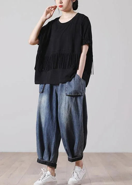 Black O-neck Cotton T Shirt Short Sleeve Summer