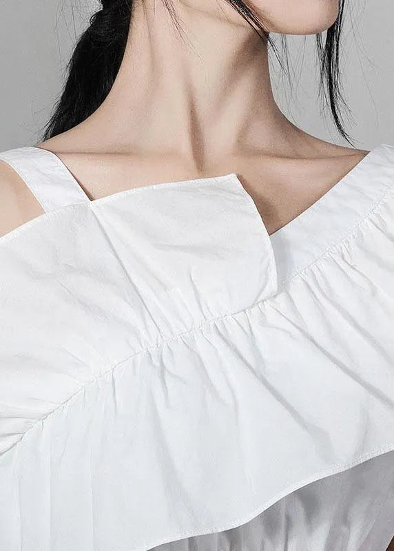 White Asymmetrical Design Cold Shoulder Ruffles Summer Shirt Top