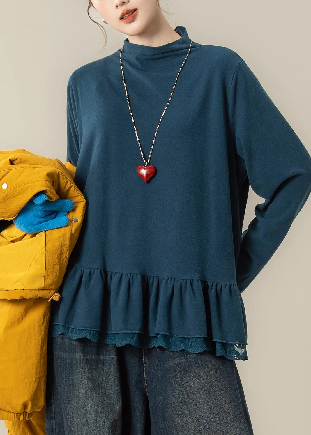 Japanese Yellow Stand Collar Fine Cotton Filled Jacket T Shirt and Wide Leg Pants Set