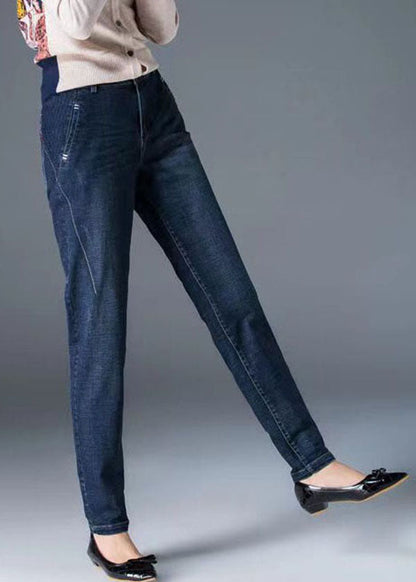 Fitted Navy High Waist Pockets Color Cotton Denim Pants Fall