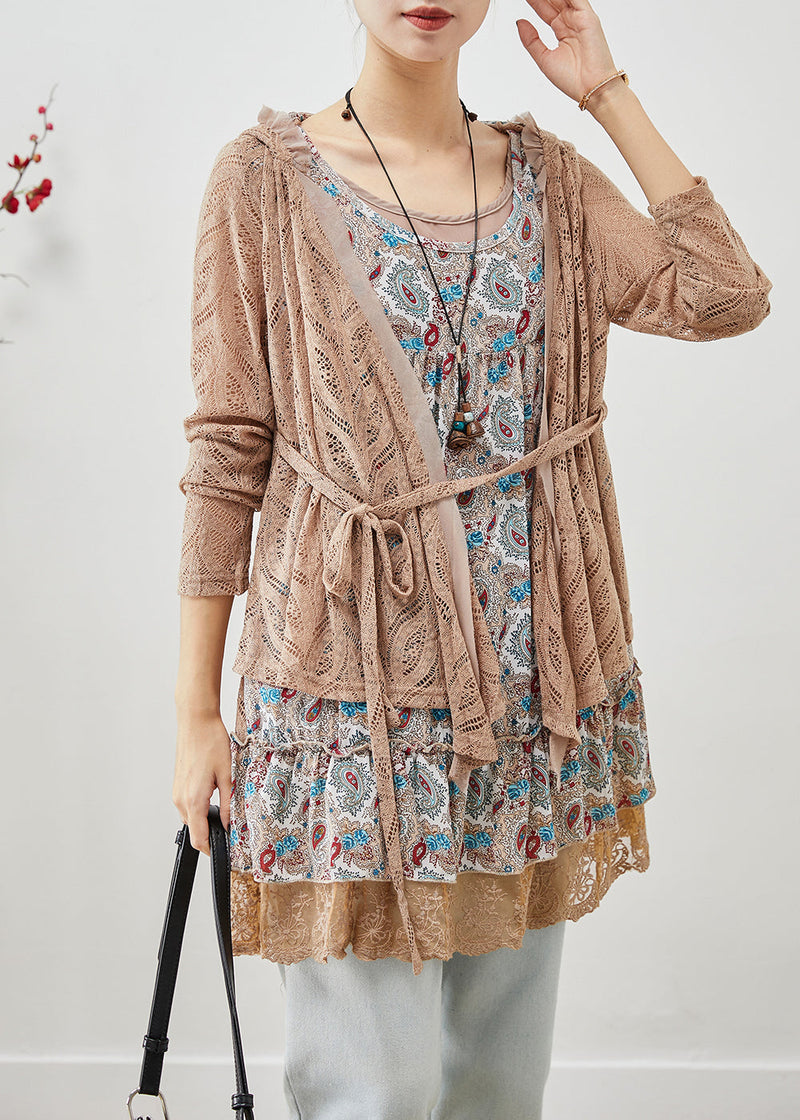 Khaki Hooded Patchwork Wrinkled Cotton Fake Two Piece Mini Dress Fall