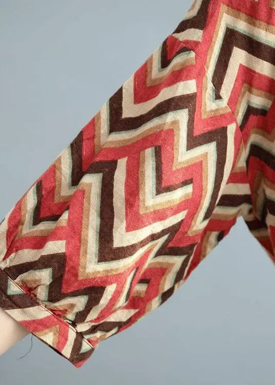 Diy Red Print Button Fall Shirt Top Three Quarter Sleeve