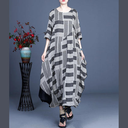 Stylish Grey Striped Patchwork Dress Summer Cotton Linen Dress