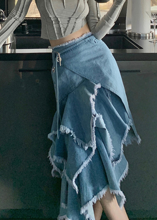 Blue Asymmetrical High Waist Patchwork Denim Skirt Fall