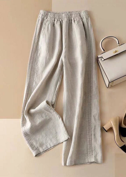 Linen Colour Ruffled Elastic Waist Draping Linen Wide Leg Pants Summer