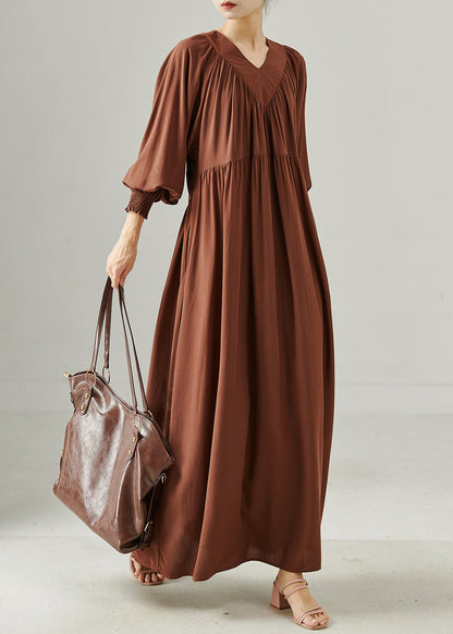 Chocolate V Neck Oversized Cotton Long Dress Spring