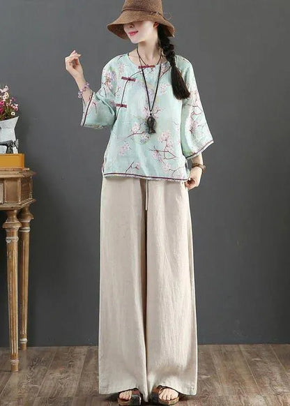 Organic Blue Print Linen Half Sleeve Top Summer
