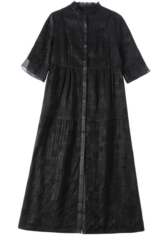 Black Stand Collar Patchwork Ruffled Silk Dress Summer