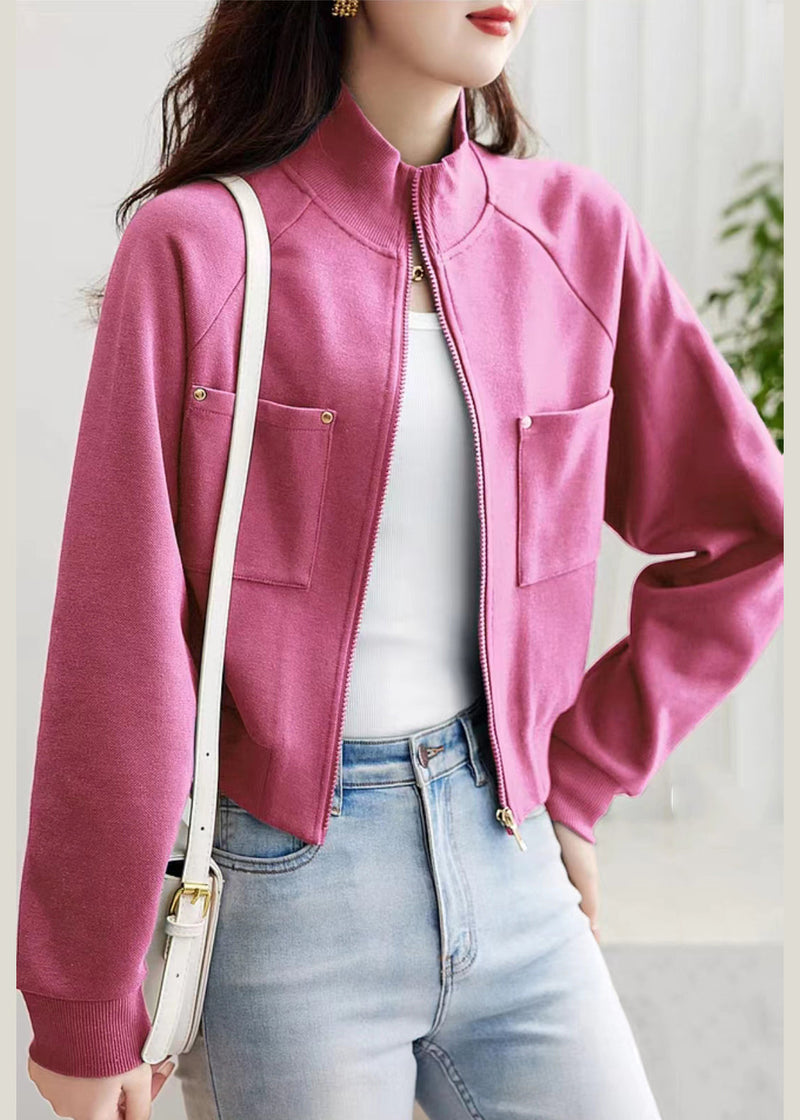 French Pink Zip Up Pockets Cotton Coat Outwear Spring
