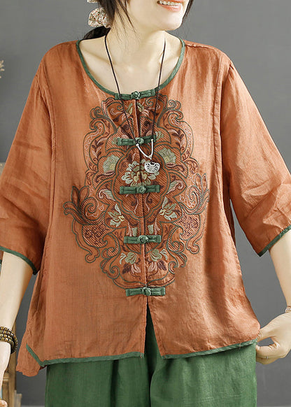 Orange Retro Linen Shirt Embroideried Chinese Button Summer