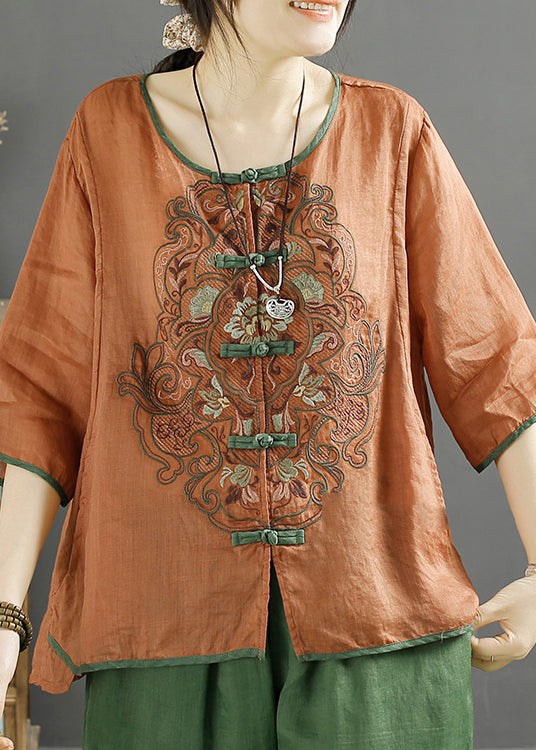 Orange Retro Linen Shirt Embroideried Chinese Button Summer