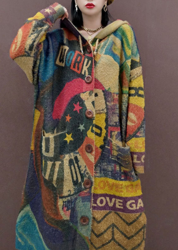 Print Button Maxi Knitted Cotton Thread Hooded Sweater Coat Fall