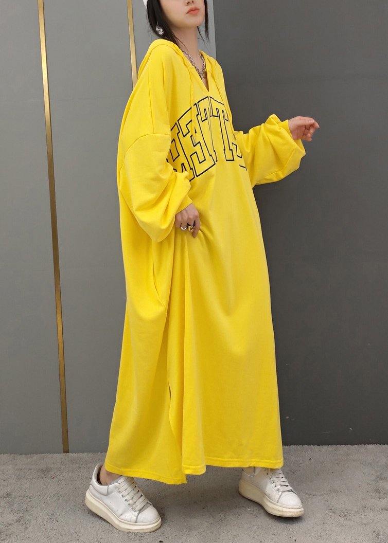 Diy Hooded Side Open Spring Quilting Clothes Yellow Letter Long Dresses
