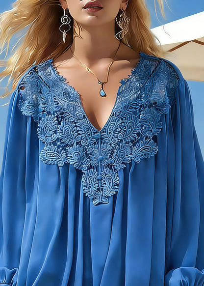 Blue Hollow Out Patchwork Tulle Top Lantern Sleeve