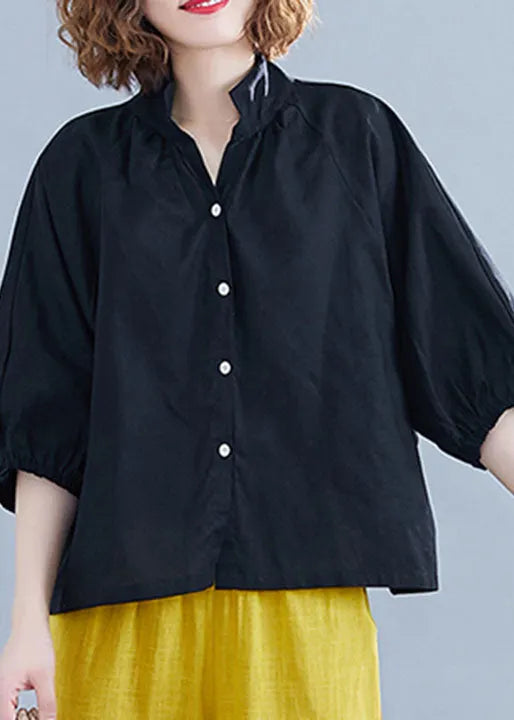 Black Stand Collar Button Cotton Shirt Half Sleeve