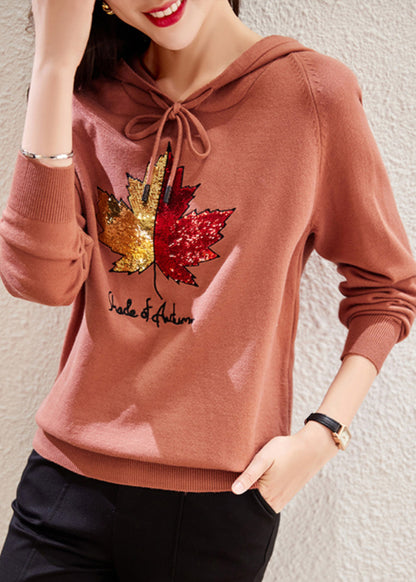 Rubber Red Hooded Embroideried Patchwork Cotton Top Fall