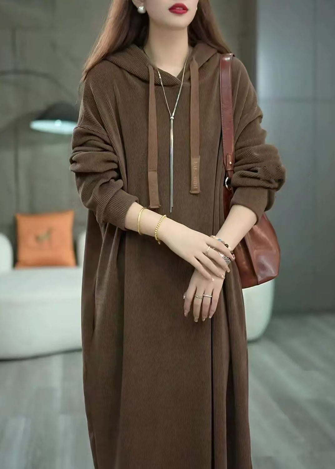 Loose Coffee Hooded Pockets Cotton Long Dress Winter