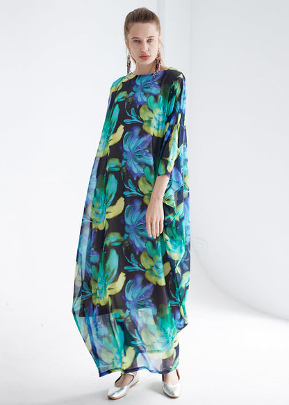 Green O Neck Print Chiffon Robe Dress Summer