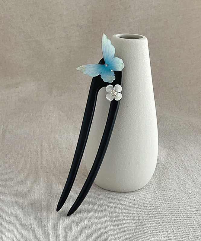 Blue Wooden Butterfly Hairpin