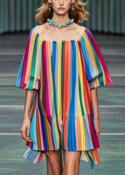 Rainbow Square Colla Striped Chiffon Tea Dress Summer