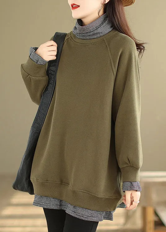 Green Hign Neck Patchwork Warm Fleece Pullover Winter