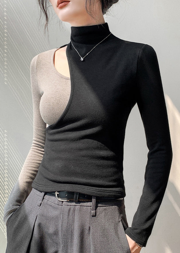 Black Hign Neck Hollow Out Patchwork Cotton T Shirt Fall