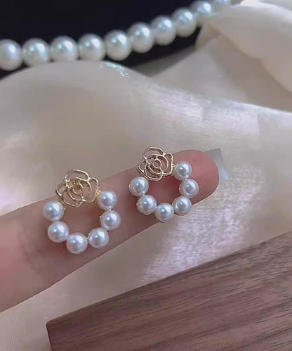 Classy White Copper Overgild Pearl Hollow Out Hoop Earrings