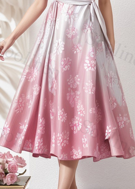 Unique Gradient Pink Ruffled Print Loose Silk Dresses Summer