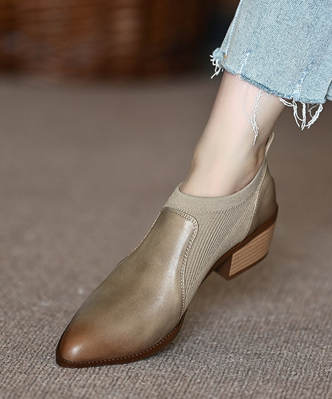 Cowhide Leather Splicing Brown Penny Chunky Loafers Pointed Toe