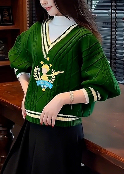 Unique Tea Green V Neck Thick Knit Sweater Spring