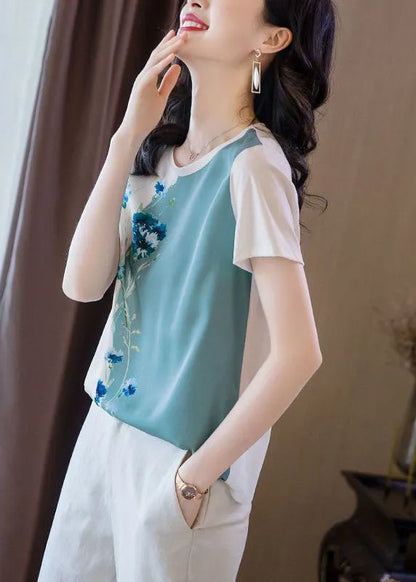 Colorblock O-neck Oversized Print Silk Tanks Summer