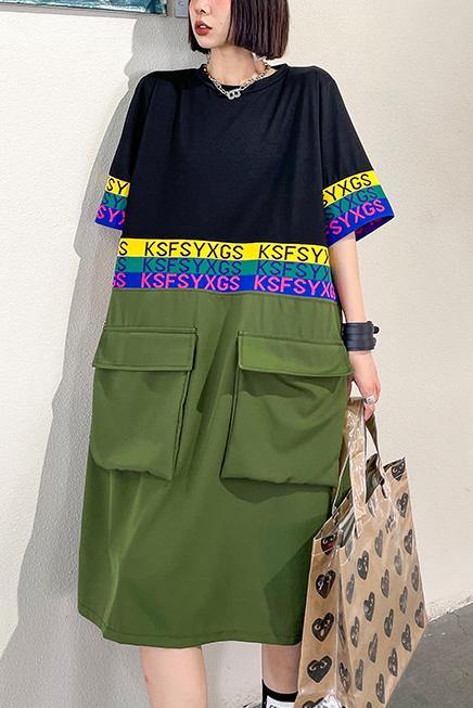 Fine Black Patchwork Green Pockets Holiday Summer Cotton Dress