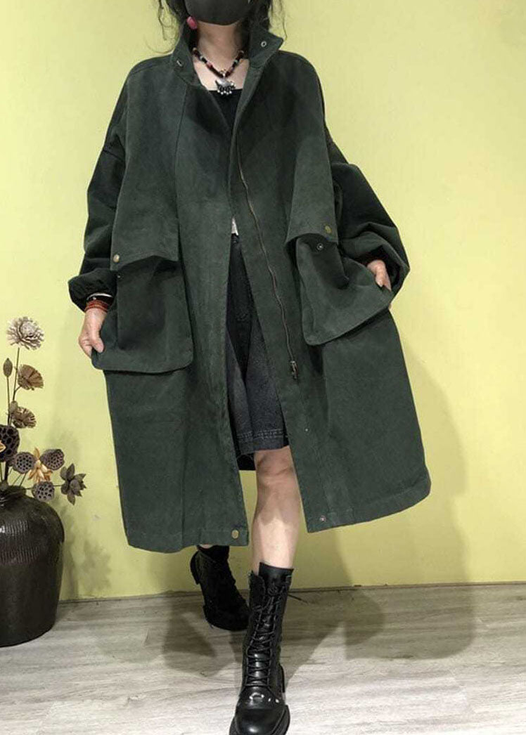 Green Stand Collar Zippered Pockets Trench Coats Fall