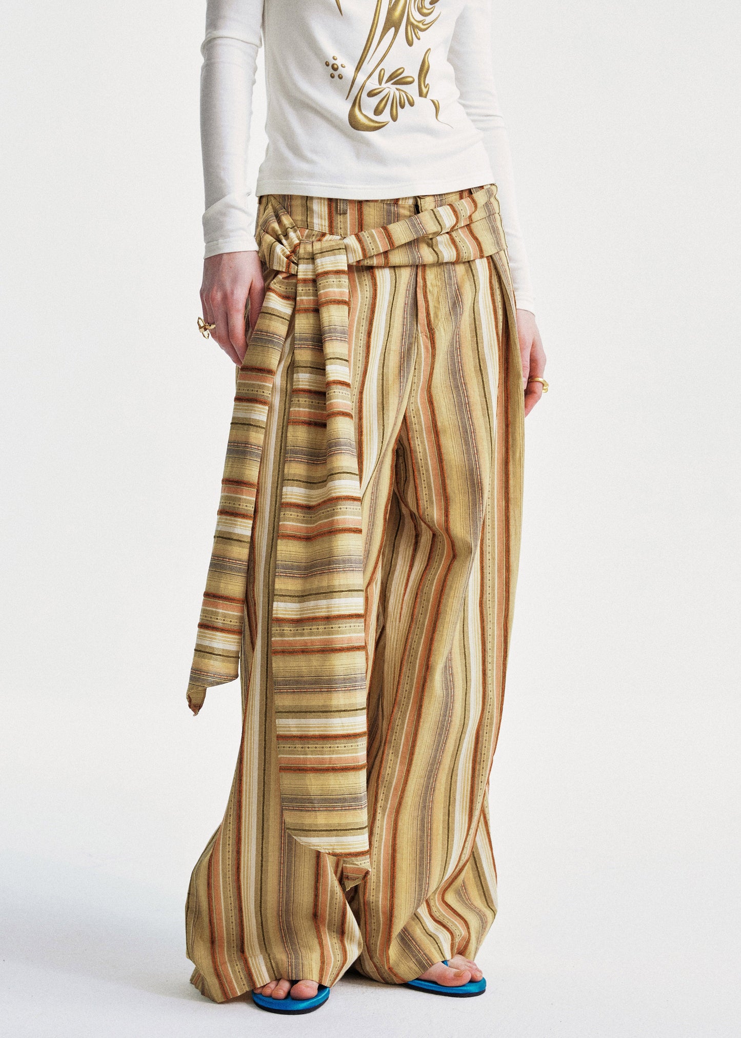 Yellow Striped Cotton Wide Leg Pants Summer