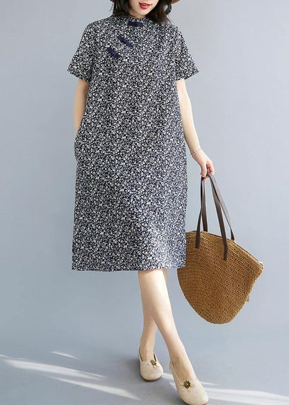 Fitted Blue Print Cotton Side Open Summer Long Dresses