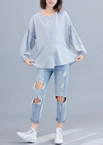 Light Green Asymmetrical Design Long Sleeve Cotton Linen Summer Blouses