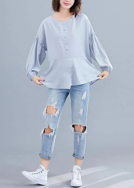 Light Green Asymmetrical Design Long Sleeve Cotton Linen Summer Blouses
