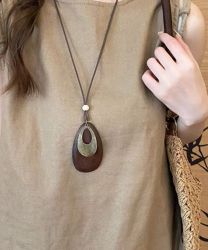 Black Wooden Patchwork Waxed Cord Sweater Pendant Necklace