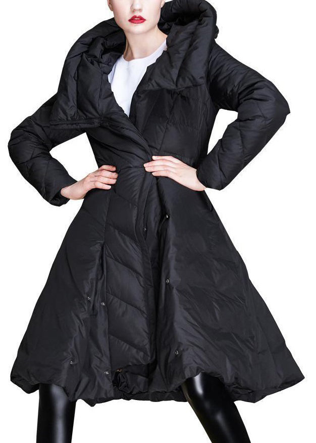 Black Hooded Asymmetrical Button Duck Down Coat Winter