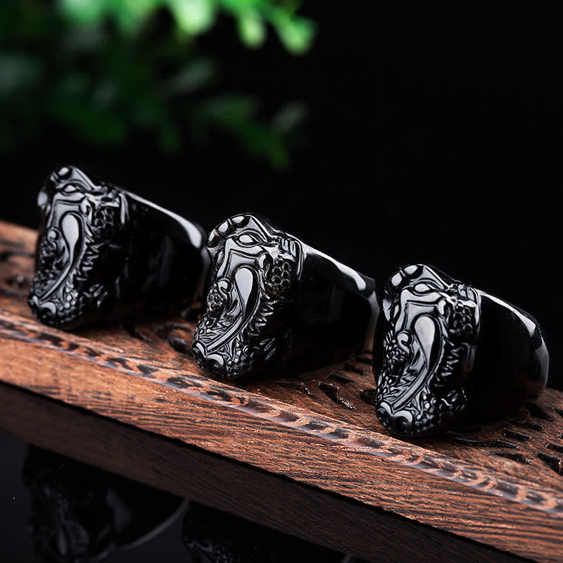 Buddha Stones Fengshui Pixiu Black Obsidian Strength Ring
