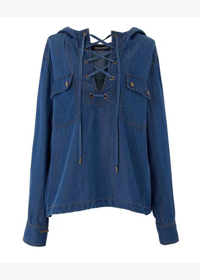 Blue Hooded Lace Up Denim Shirt Tops Long Sleeve