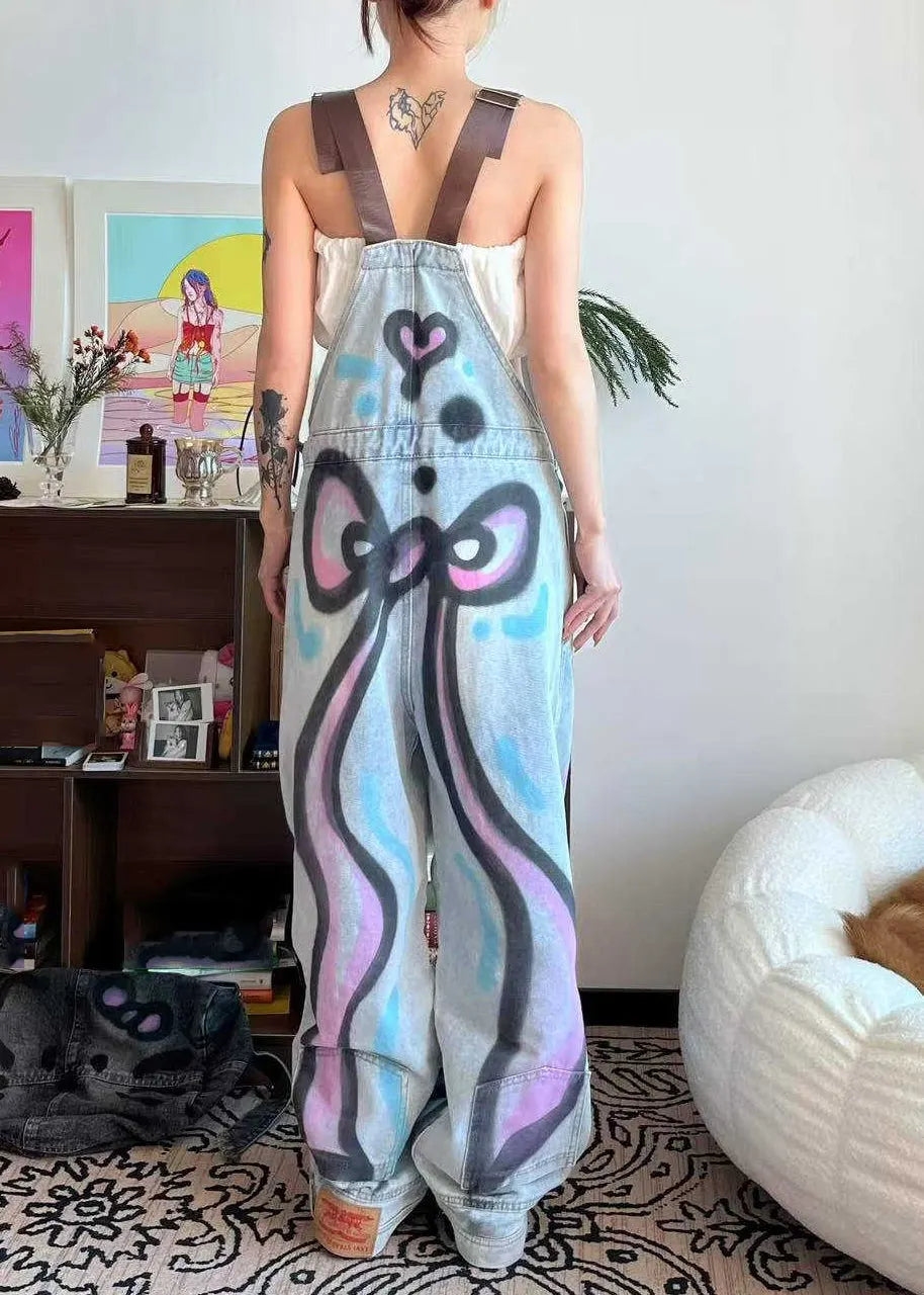 Loose Blue Patchwork Tie Dye Little Cats Pockets Denim Jumpsuit Summer