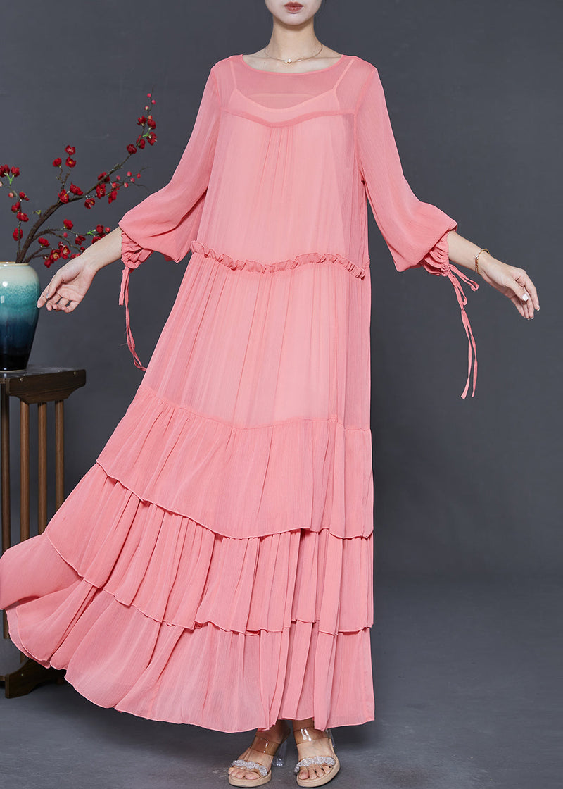 Pink Oversized Patchwork Chiffon Dresses Spring