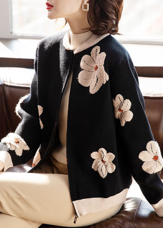 Black Stand Collar Embroideried Woolen Coats Long Sleeve