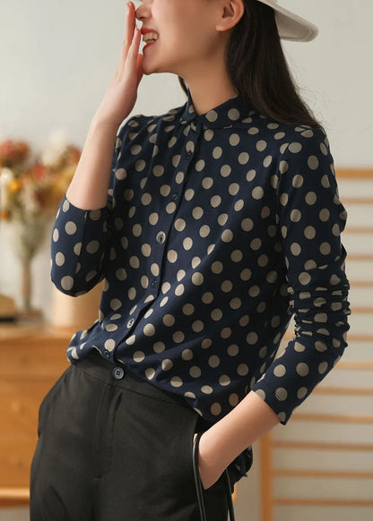 Navy Peter Pan Collar Dot Print Cotton Shirt Tops Fall