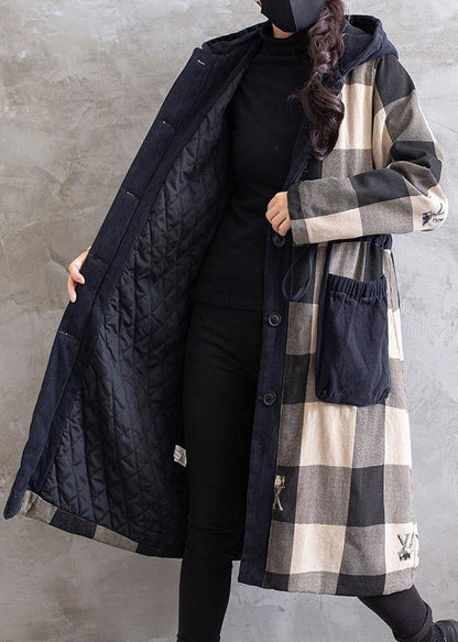 Gray Plaid Overcoat Hooded Drawstring Coats