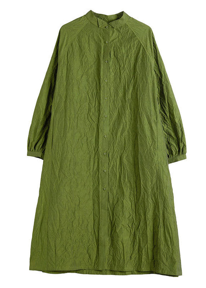 Green Wrinkled Button Cotton Long Dress Spring