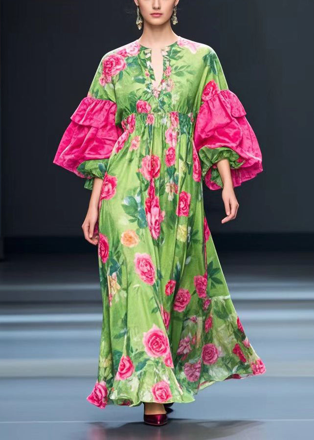 Fine Green Puff Sleeve Silk Velour Maxi Dresses Fall