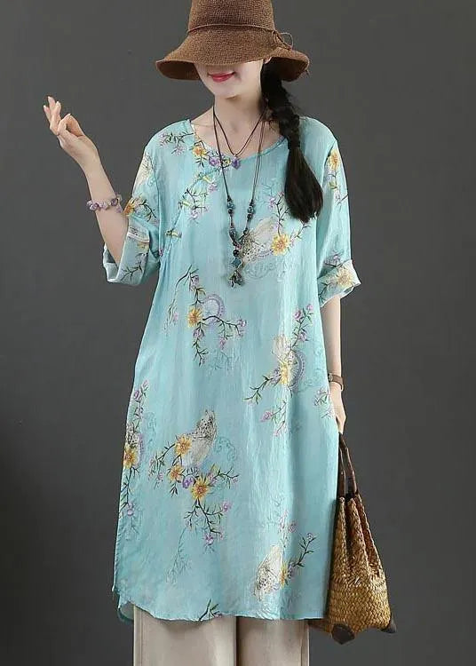 Boutique Blue Print Half Sleeve Long Linen Summer Tops